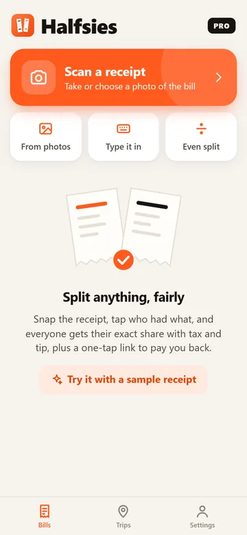 halfsies home screen with a scan-a-receipt button.
