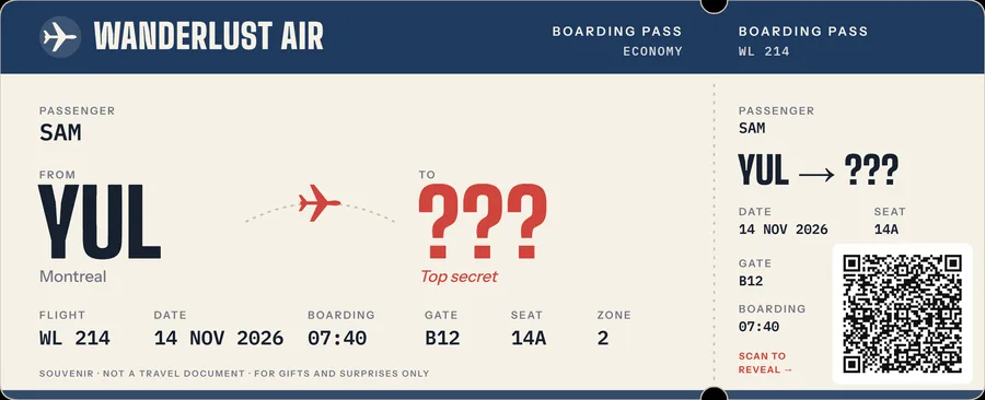 A printable surprise-trip boarding pass with a hidden destination.