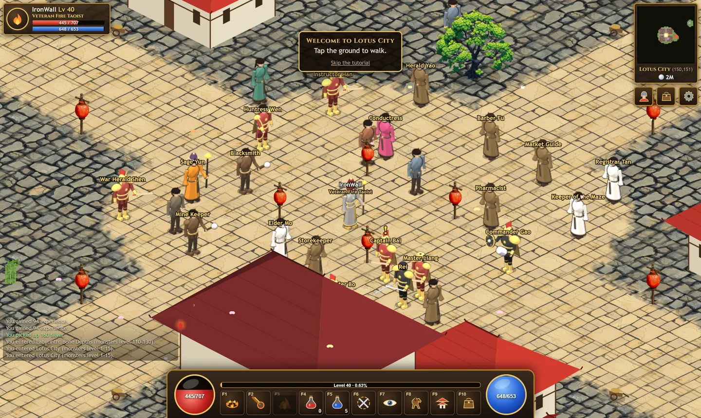 jaderealm: an isometric city square full of named characters, with health and mana orbs and a skill bar.