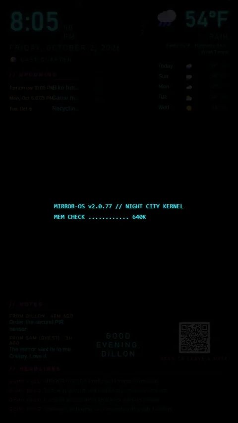 Smart mirror booting: MIRROR-OS boot text typing over the dimmed widgets.