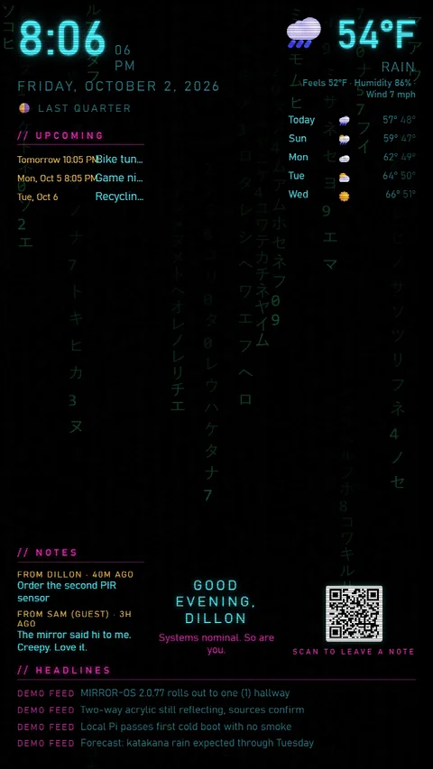 Smart mirror in its cyberpunk theme: clock, rain forecast, calendar, notes, headlines and a notes QR code, with katakana rain falling because it is raining outside.