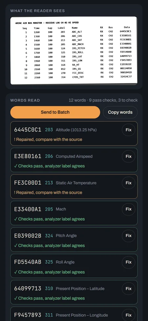 pocket429 scan screen reading words from a photo of a bus analyzer and checking each one.